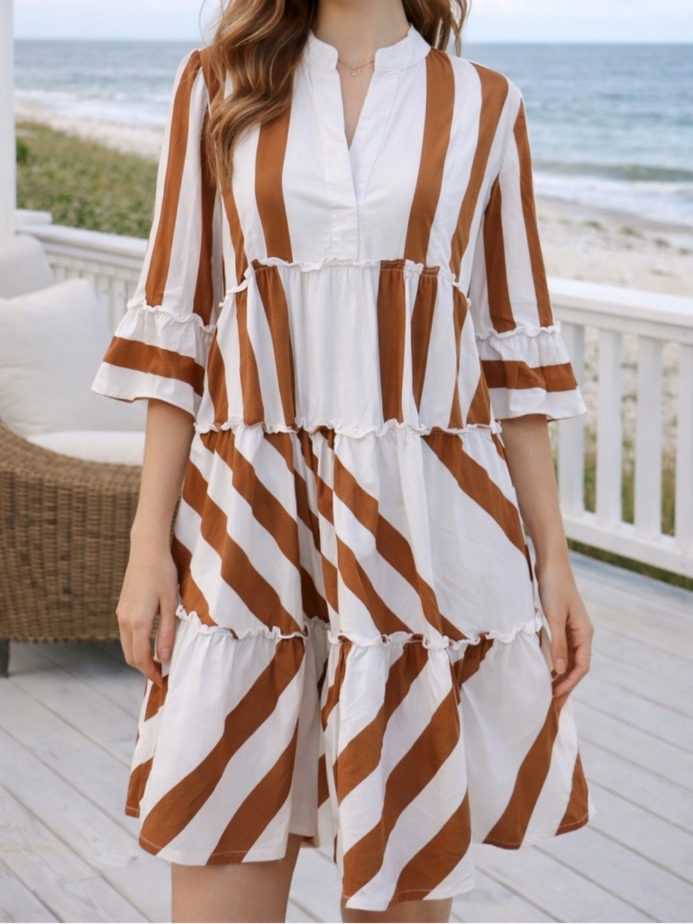 MSK Brown & White Stripe Tiered Ruffle Midi Dress Size Small